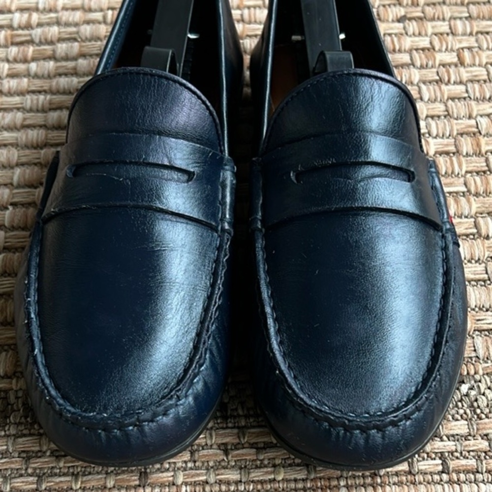 Gucci Web Accent Leather Driver Loafers - Darkest Navy - Men 6.5 | Women 8